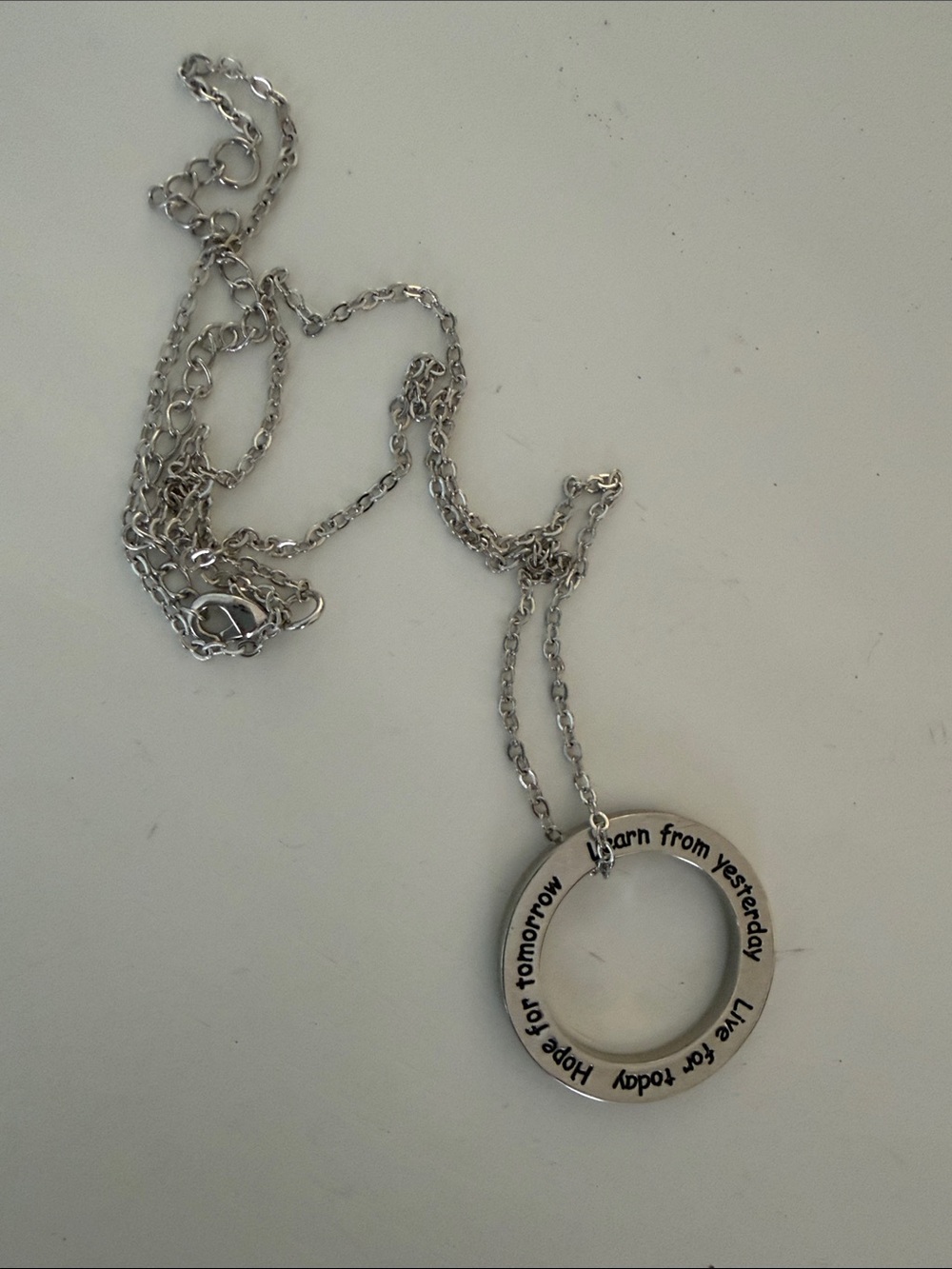 Inspirational Silver Tone Circle Pendant Necklace - Learn From Yesterday